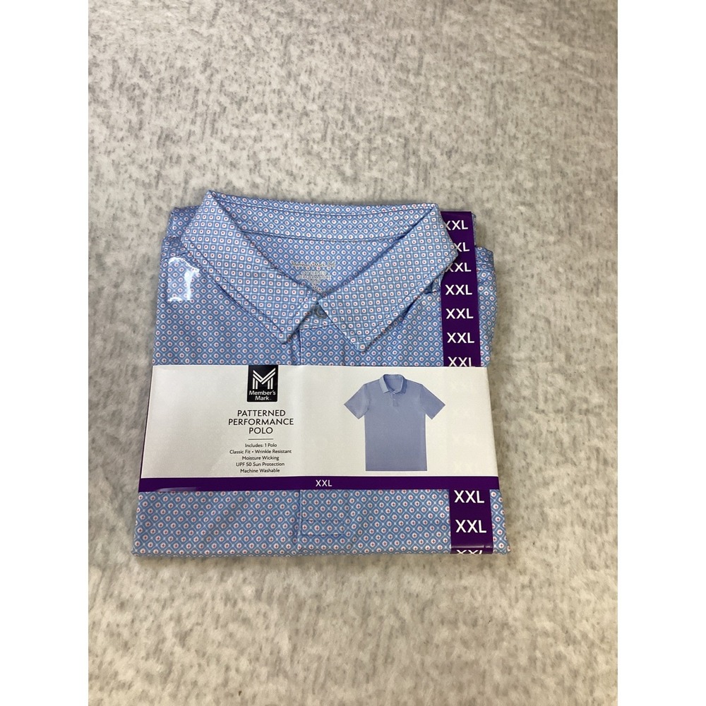 Members Mark Mens XXL Patterned Performance Polo Blue Geometric UPF 50 Short Sl‎